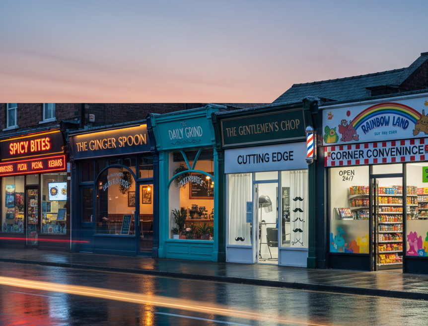 Illuminated shop signs on a Birmingham parade at night