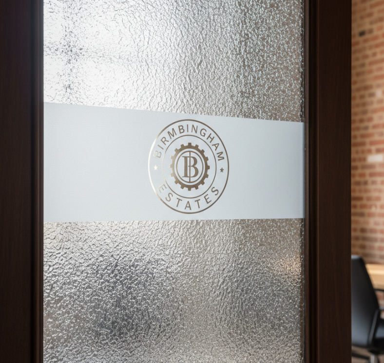 Frosted film with cut logo on internal office glazing